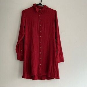 Red Button-Front Long Shirt Dress